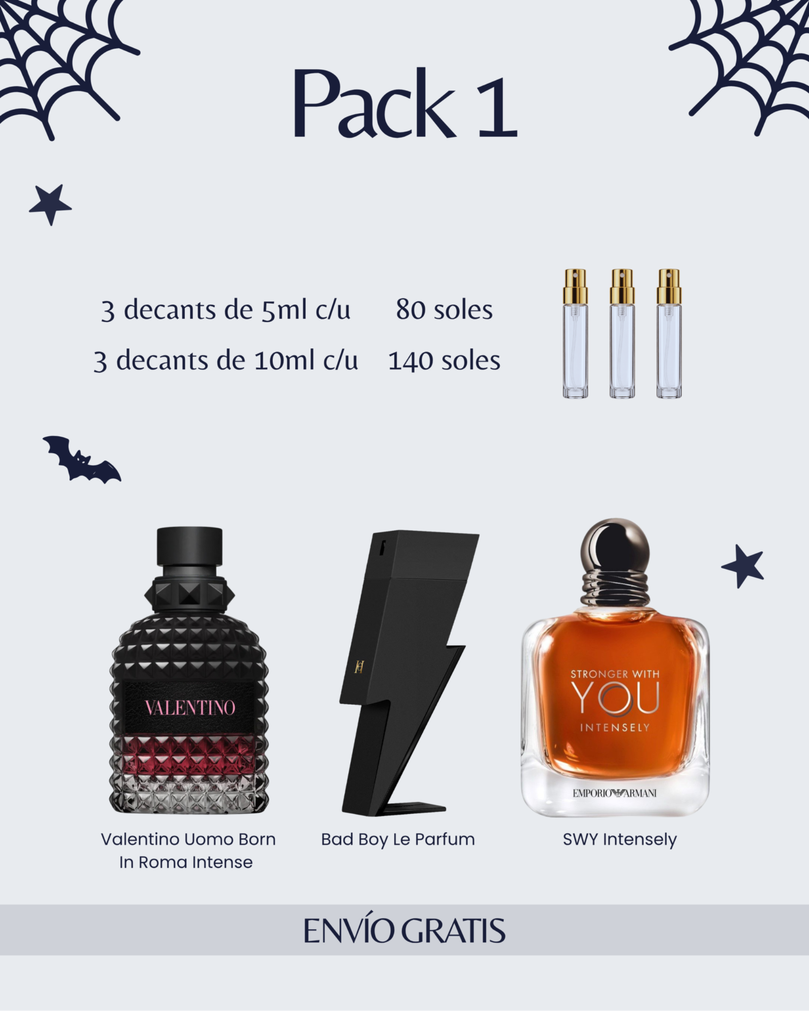 Pack 1: Valentino Born in Roma Intense, Bad Boy Le Parfum y Stronger With You Intensely. Tres decants de 5 ml a S/80 o de 10 ml a S/140, con envío gratis.