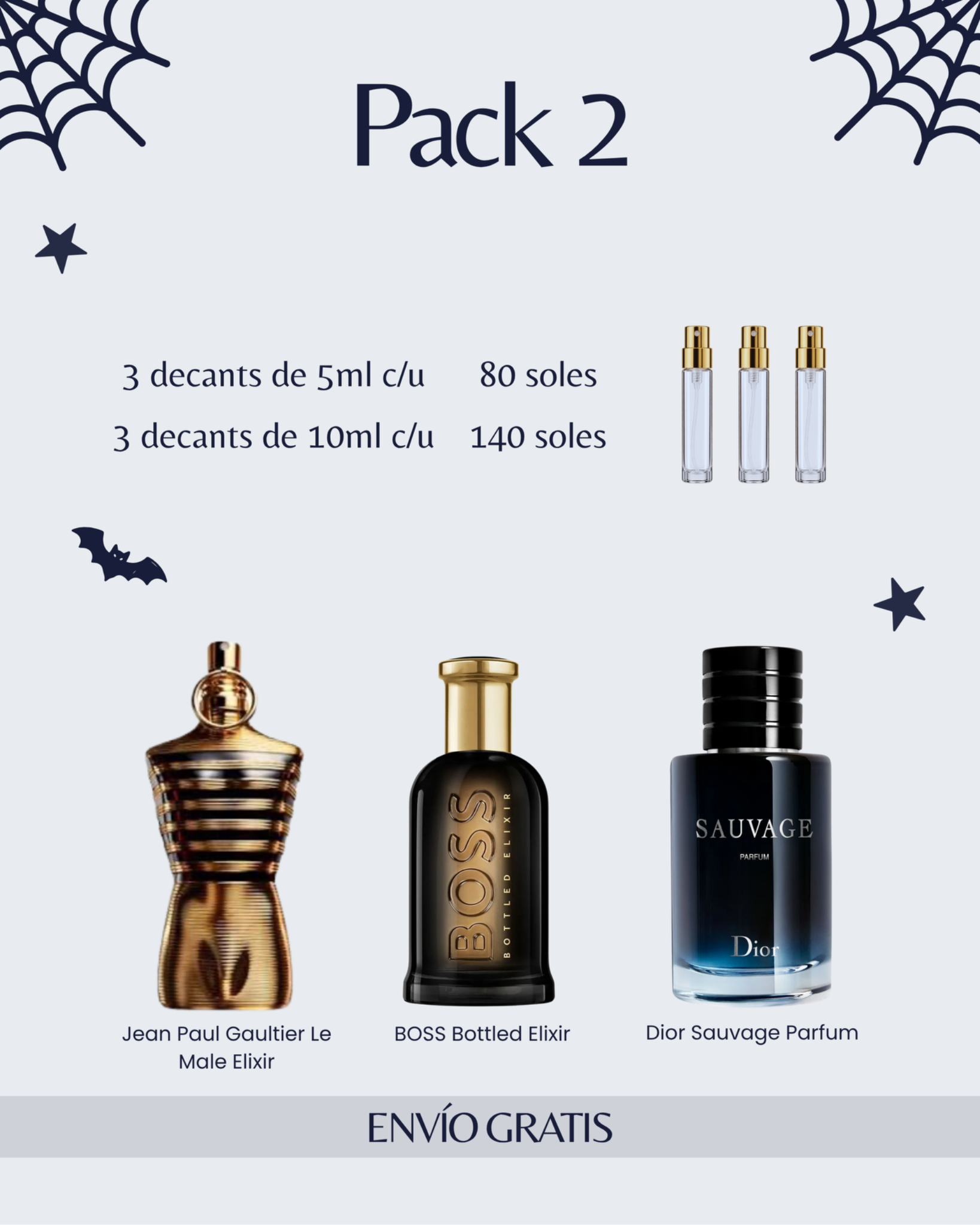 Pack 2: Jean Paul Gaultier Le Male Elixir, Boss Bottled Elixir y Dior Sauvage Parfum. Tres decants de 5 ml a S/80 o de 10 ml a S/140, con envío gratis.