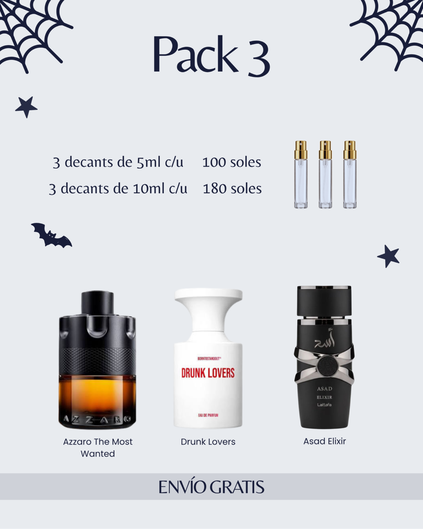Pack 3: Azzaro The Most Wanted, Drunk Lovers y Lattafa Asad Elixir. Tres decants de 5 ml a S/100 o de 10 ml a S/180, con envío gratis.