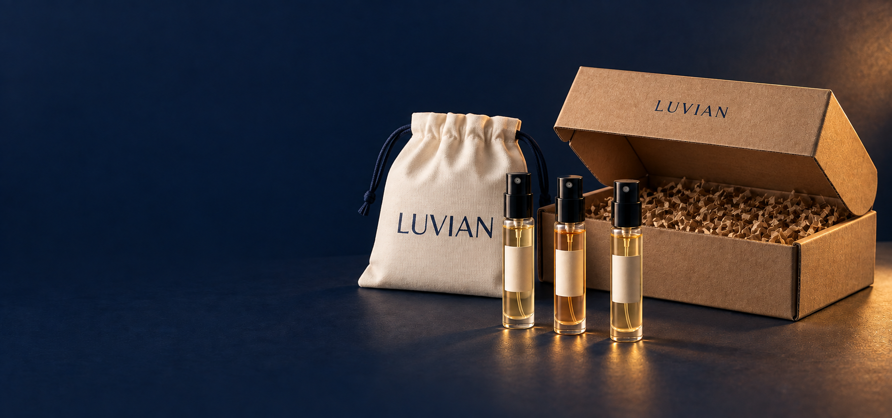Caja kraft Luvian, bolsita de tela y tres decants del pack Halloween